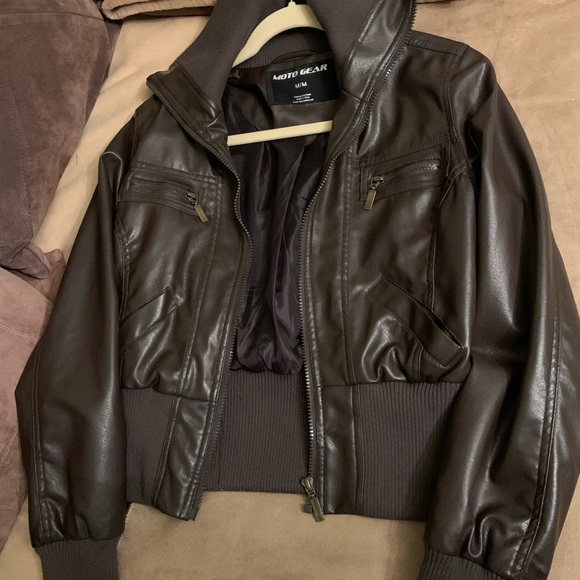 Size M chocolate brown faux leather moto jacket. - Picture 4 of 9